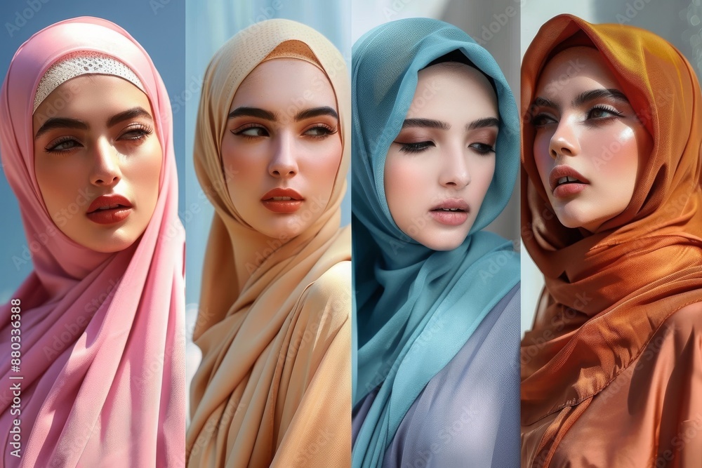 Four Women Wearing Colorful Hijabs in a Brightly Lit Outdoor Setting Four Women Wearing Colorful Hijabs in a Brightly Lit Outdoor Setting