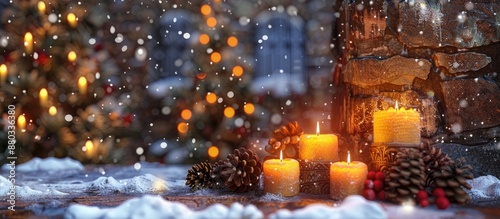 A festive scene with candles in the snow against a stone wall perfect for adding text or images within the frame. with copy space image. Place for adding text or design