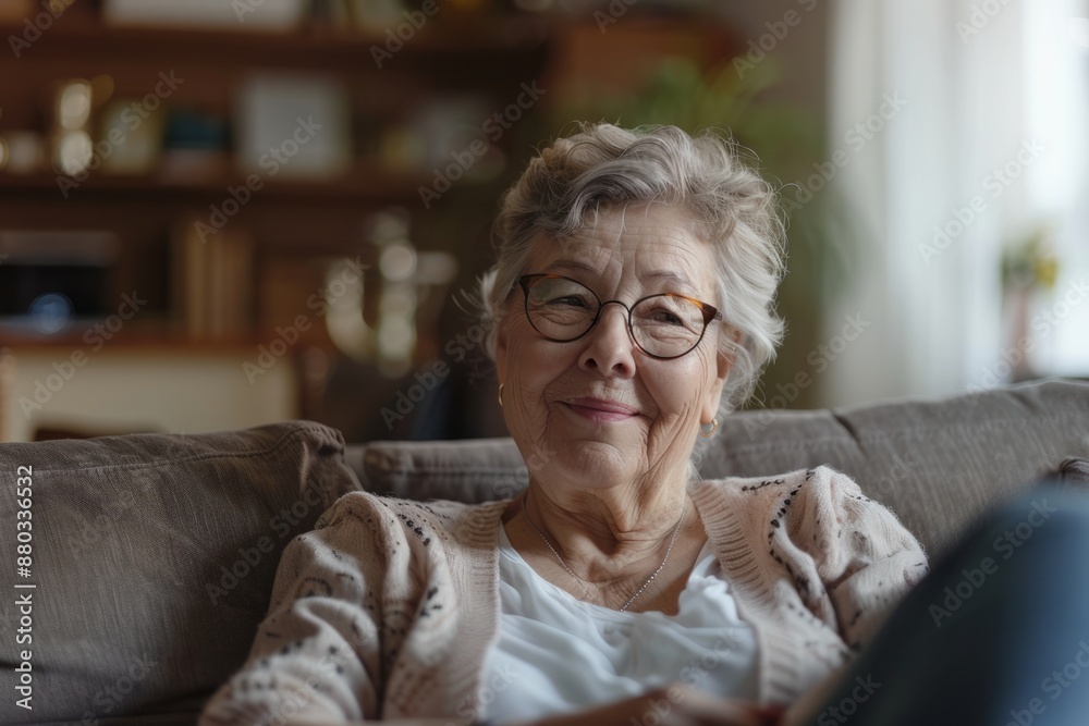 Active and mature elderly retired women at home for profile shots. Female retirees sit on the couch, look into the camera with a happy smile, enjoy retirement, talk on video conference calls,