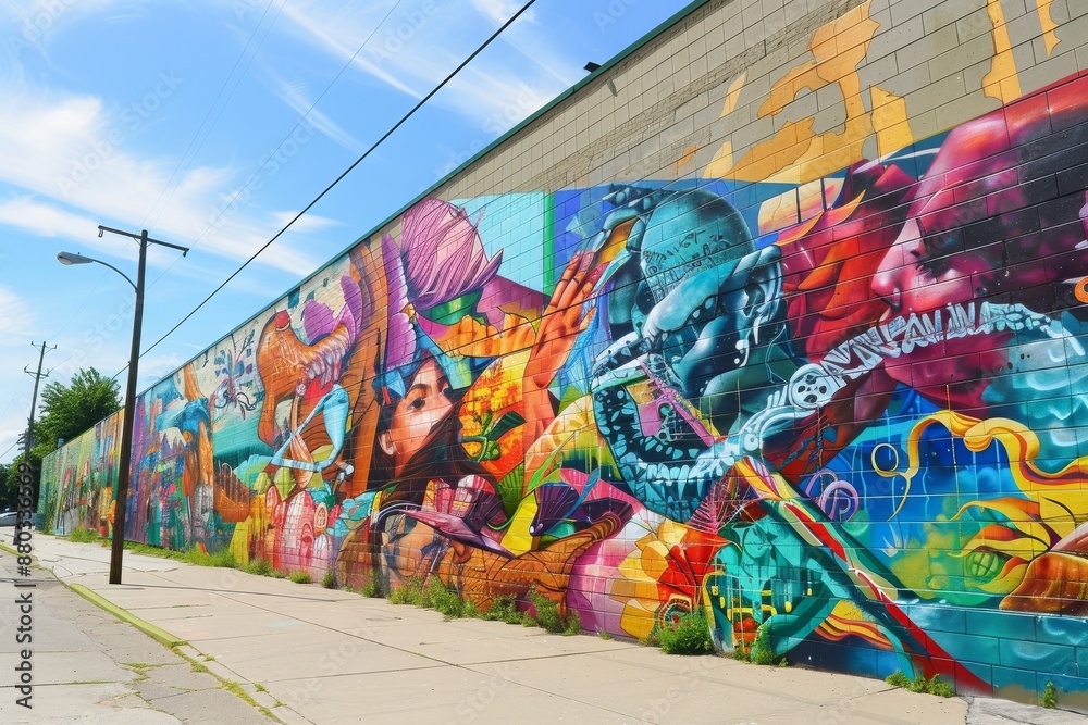 Fototapeta premium Colorful Street Art Mural on Brick Wall in Urban Setting