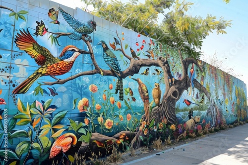 Colorful Bird Mural on Brick Wall in Sunny Daytime photo