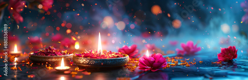 Diwali, indian holiday, Hindu festival of lights, religious celebration at the month of Ashvin, candle light and bokeh photo