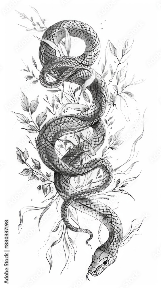 Fototapeta premium Ethereal Snake in Bloom: A Monochrome Beauty Intertwined with Delicate Blossoms tattoo desing