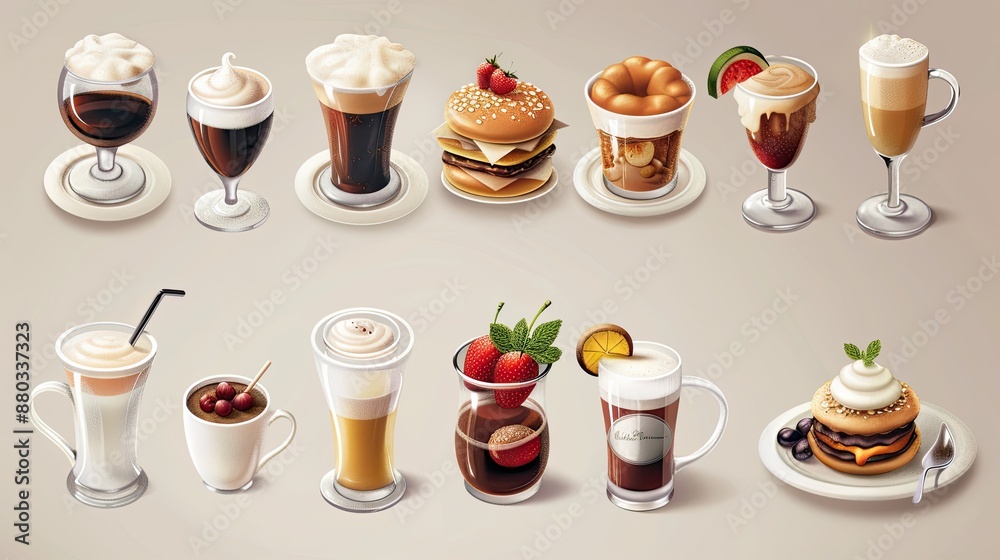 Realistic food and beverage icons with detailed textures.