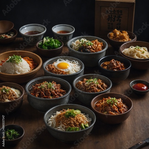 A variety of Asian rice and noodle dishes served in bowls, topped with meats, vegetables, and eggs.