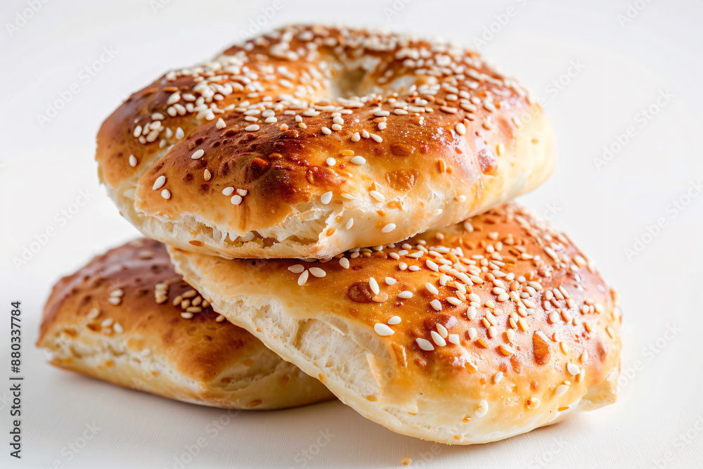 a stack of three sesame bagels with sesame seeds a stack of three sesame bagels with sesame seeds