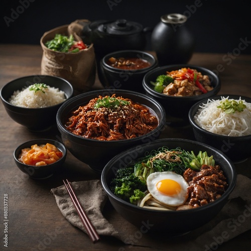 A selection of Asian noodle and rice dishes in bowls, featuring meats and fresh vegetables.