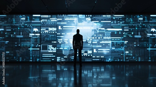 A silhouette of a logistics manager stands before a futuristic digital interface displaying various technological innovations in logistics, with ample copy space to the side.