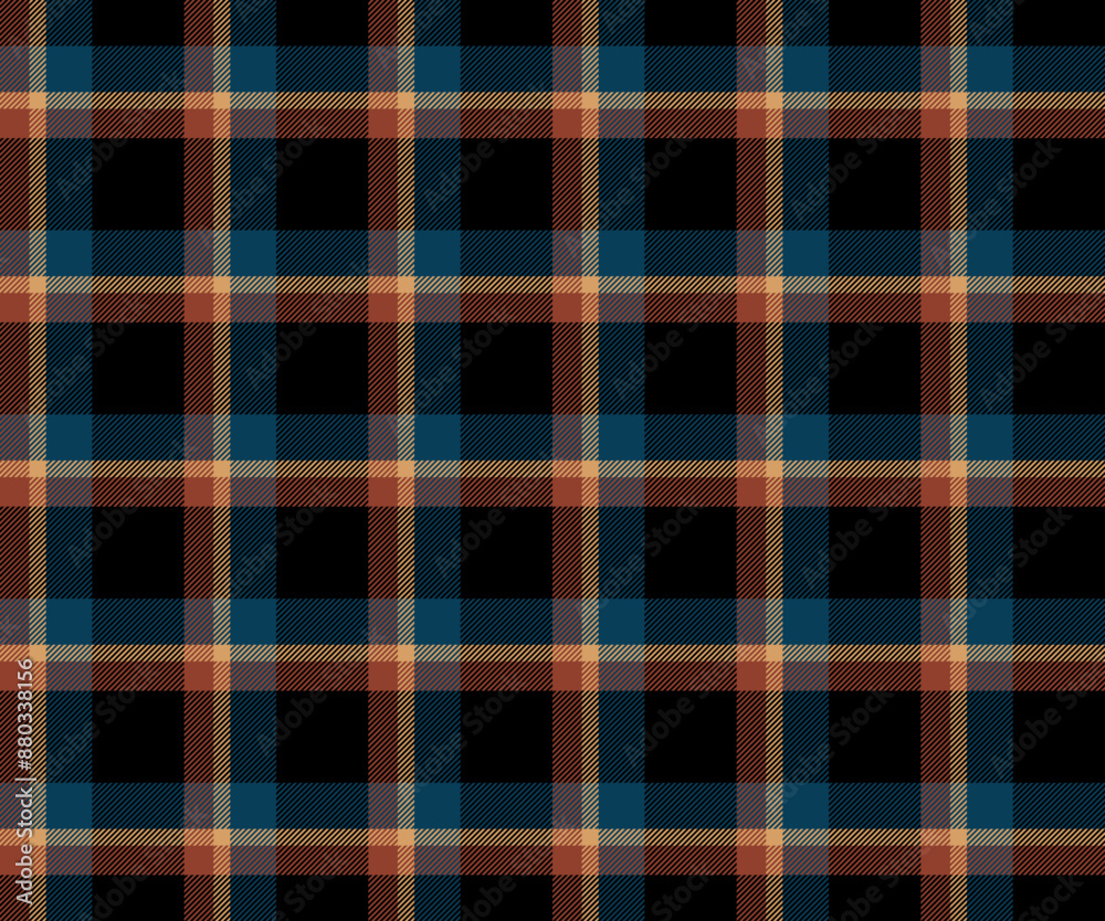 Obraz premium Plaid fabric pattern, black, blue, brown, yellow, seamless for textiles and design clothing, skirts, pants, aprons, tablecloths, blankets or decorative fabrics. Vector illustration.