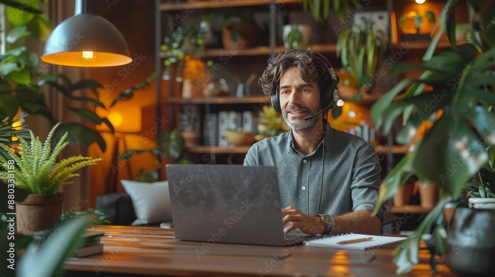 A remote customer service representative talking on a headset A remote customer service representative talking on a headset