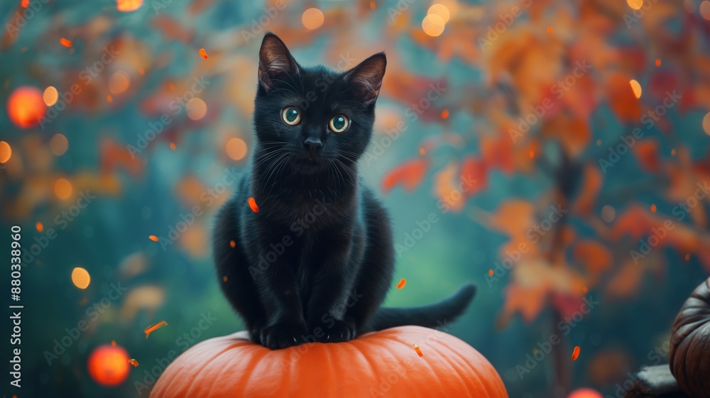 Black Kitten on Pumpkin with Autumn Leaves and Glowing Bokeh Background