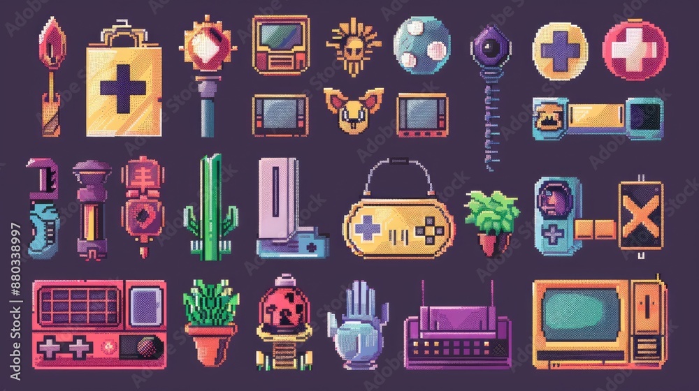 Obraz premium Retro pixel art icons with nostalgic 8-bit designs.