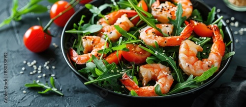 Bowl of fresh arugula salad with shrimp tomato and sesame seeds featuring copy space image