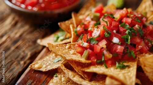 Close up image of nachos with salsa sauce on a wooden surface