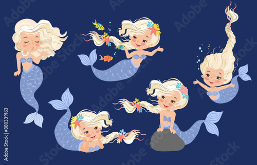 Hand drown vector illustration of Beautiful Girl Mermaid with with pink hair. Set of isolated illustration