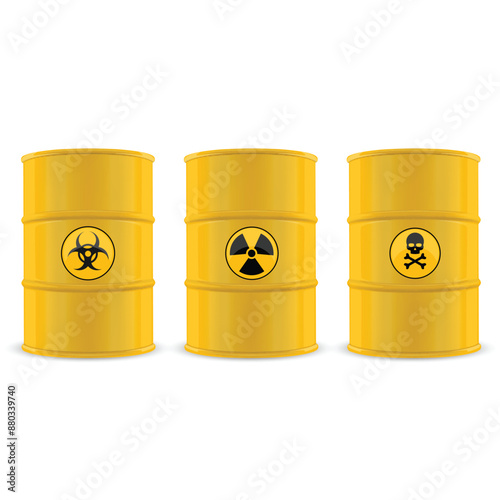 Three yellow barrels with hazard symbols: biohazard, radioactive, toxic. Vector