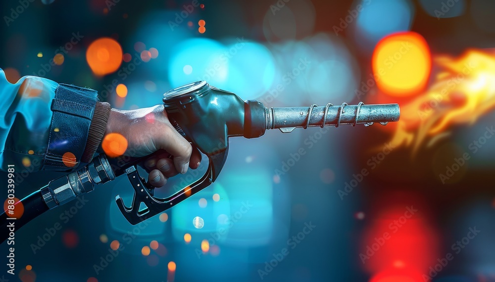 Close-up of Hand Turning Off Fuel Nozzle After Refueling at Gas Station with Realistic Droplets and Blurred Background Close-up of Hand Turning Off Fuel Nozzle After Refueling at Gas Station with Realistic Droplets and Blurred Background
