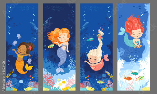 Hand drawn vector illustration of Mermaids on a coral reef. Set of vertical backgrounds for bookmarks, cards, invitation