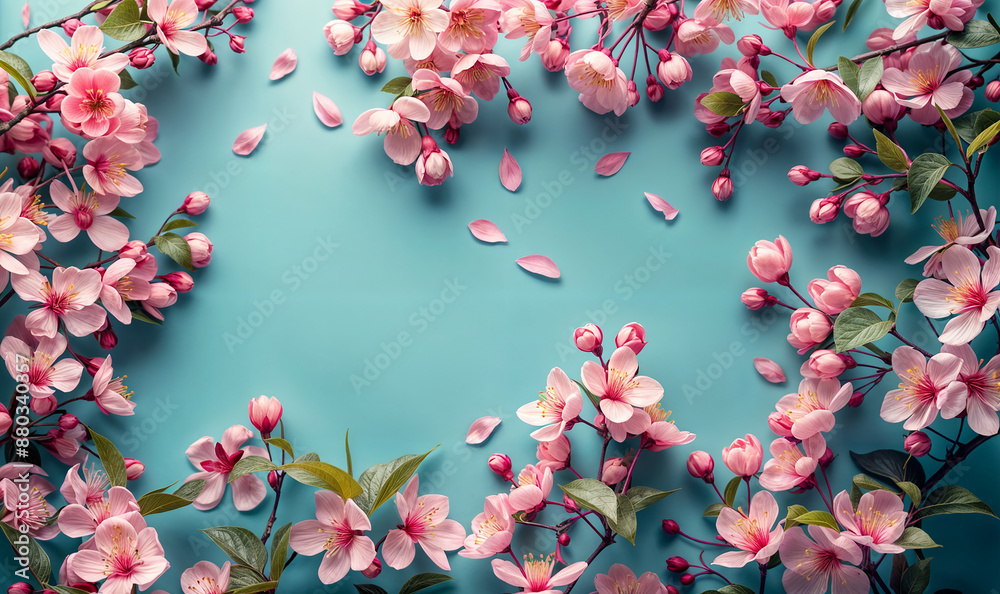 custom made wallpaper toronto digitalpink cherry flowers blossom branches on turquoise blue background, spring wallpaper with copy space