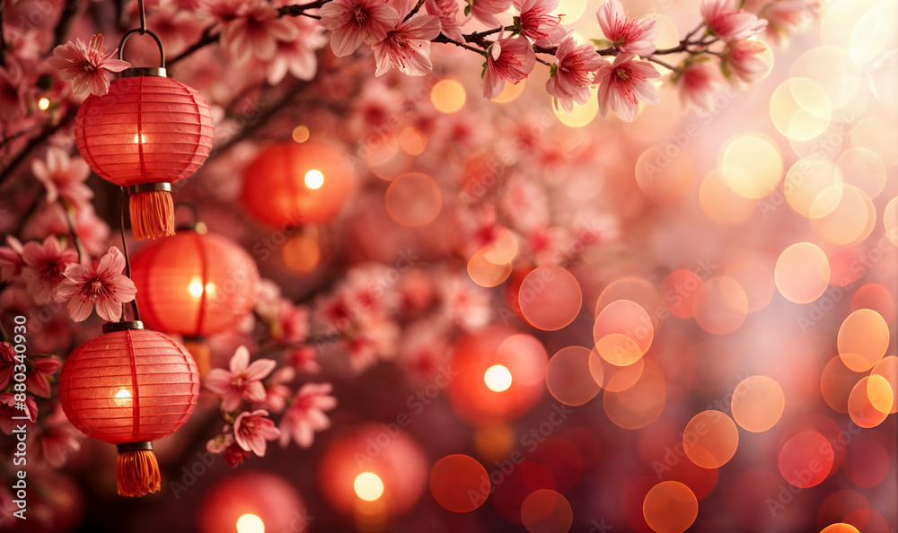 chinese new year decoration with red lanterns and white and pink flowers wallpaper with copy space chinese new year decoration with red lanterns and white and pink flowers wallpaper with copy space