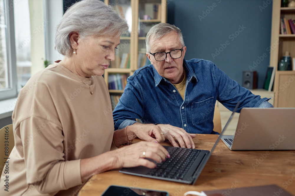 Side view portrait of grey haired senior woman using computer in tech class for adults with man helping copy space Side view portrait of grey haired senior woman using computer in tech class for adults with man helping copy space