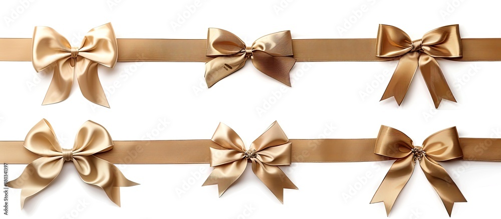 A collection of elegant satin ribbons in gold with bows arranged horizontally isolated on a white background for a copy space image A collection of elegant satin ribbons in gold with bows arranged horizontally isolated on a white background for a copy space image