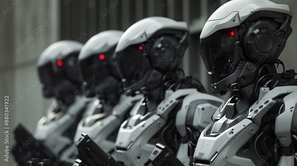 Team of robot soldiers carrying machine guns marching, high-tech modern cyber. Team of robot soldiers carrying machine guns marching, high-tech modern cyber.
