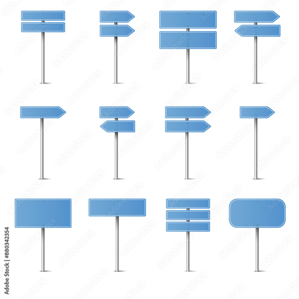 Multiple blue blank road signs with arrows, various shapes, isolated. Vector illustration