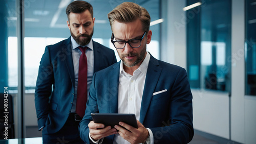 Two businessmen in suits reviewing something on a tablet, with one man observing closely.