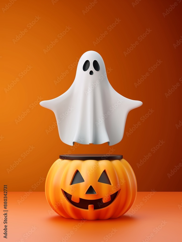 Cute ghost floating above a Jack-o'-lantern in a cheerful Halloween scene with an orange background Cute ghost floating above a Jack-o'-lantern in a cheerful Halloween scene with an orange background