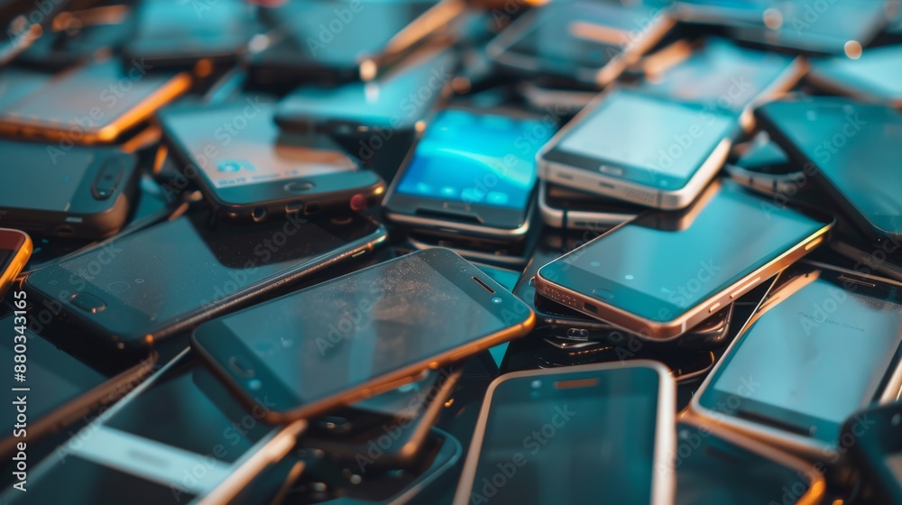 A pile of many mobile phones on a table. The background features various types and models of smartphones. A concept for technology, advertising, sales or marketing business A pile of many mobile phones on a table. The background features various types and models of smartphones. A concept for technology, advertising, sales or marketing business