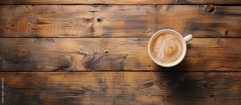 Top view of hot coffee on a wooden table in a coffee shop with copy space image