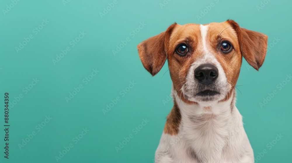 Portrait of a cute brown and white dog against a turquoise background, staring at the camera with an attentive expression. Portrait of a cute brown and white dog against a turquoise background, staring at the camera with an attentive expression.