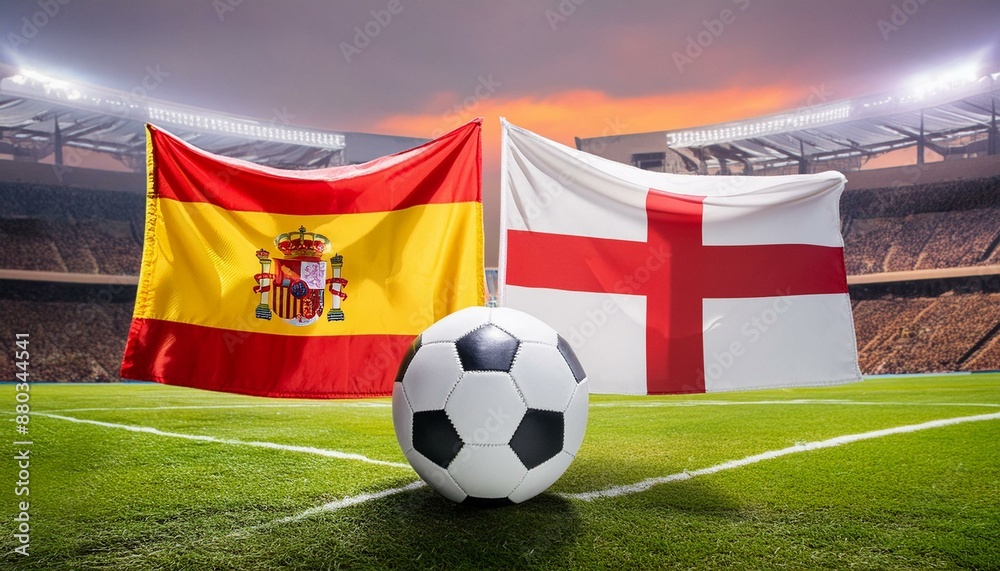 Naklejka premium Spain flag England flag with football in a stadium for the European Championship Finale Game