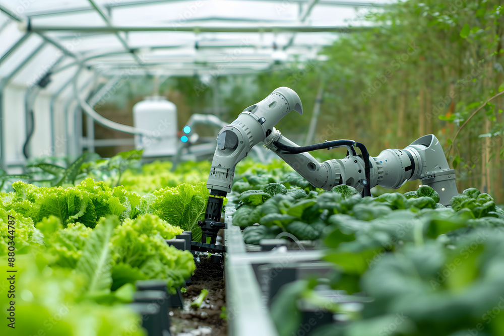 robotic arms tending to an indoor vegetable farm robotic arms tending to an indoor vegetable farm