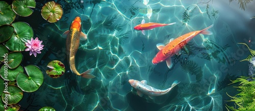 Clear pond with golden carp vibrant fish swimming in the water perfect for aquatic copy space image