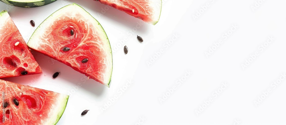 Freshly sliced red watermelon displayed in a close up shot on a white background providing ample copy space for text Freshly sliced red watermelon displayed in a close up shot on a white background providing ample copy space for text
