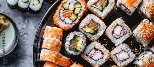 Sushi rolls arrayed on a re...