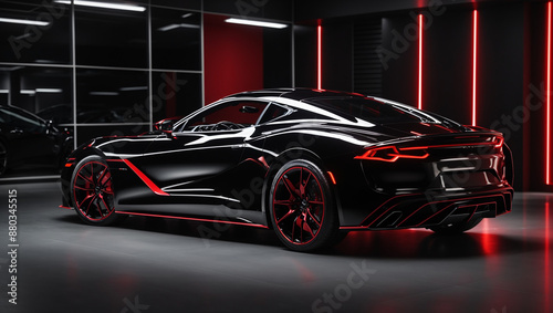 The image shows a black sports car with red accents, parked in a garage with red lighting.