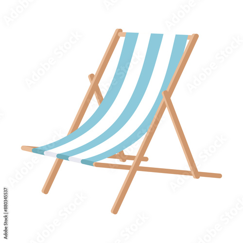 Isolated, striped chaise lounge in blue and white colors with wooden structure isolated on a white background. Vector summer illustration.