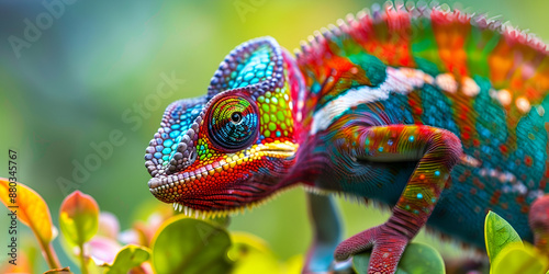 "Vibrant Chameleon on Green Leaf in Tropical Setting"