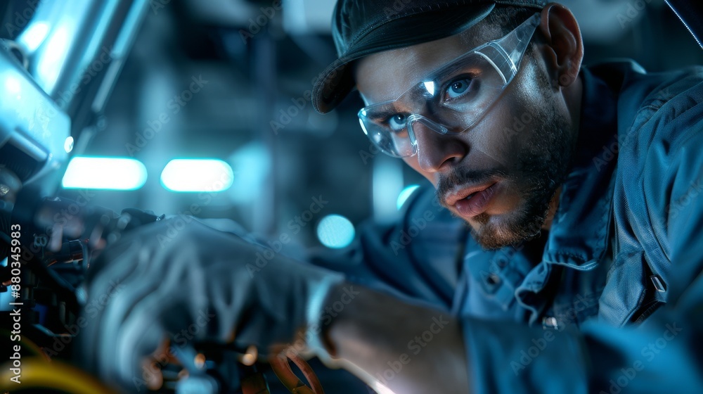 Professional Technician Inspecting Fuel Lines and Connections in Vehicle Engine Compartment with Detailed Focus on Safety Measures Professional Technician Inspecting Fuel Lines and Connections in Vehicle Engine Compartment with Detailed Focus on Safety Measures
