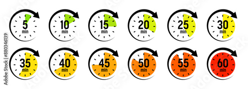 Stopwatch icons with pointer arrow. Colorful chronometer, time counter with dial. Countdown time, hours and minutes. Deadline, sport measurement. Cooking time label, sticker. Vector illustration