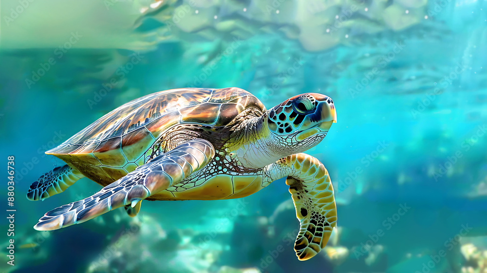 Fototapeta premium A green sea turtle glides gracefully underwater in a tropical coral reef