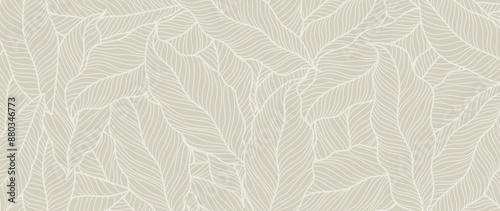 Fototapeta Naklejka Na Ścianę i Meble -  Abstract foliage line art vector background. Leaf wallpaper of tropical leaves, leaf branch, plants in hand drawn pattern. Botanical jungle illustration for banner, prints, decoration, fabric.