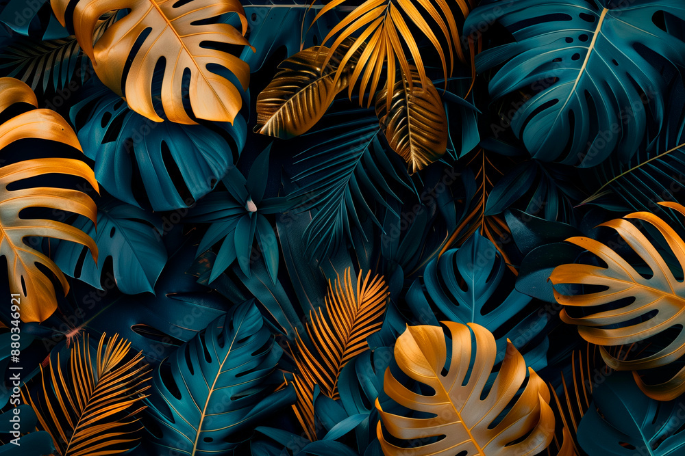 Floral background featuring large tropical leaves in dark green and gold colors Floral background featuring large tropical leaves in dark green and gold colors