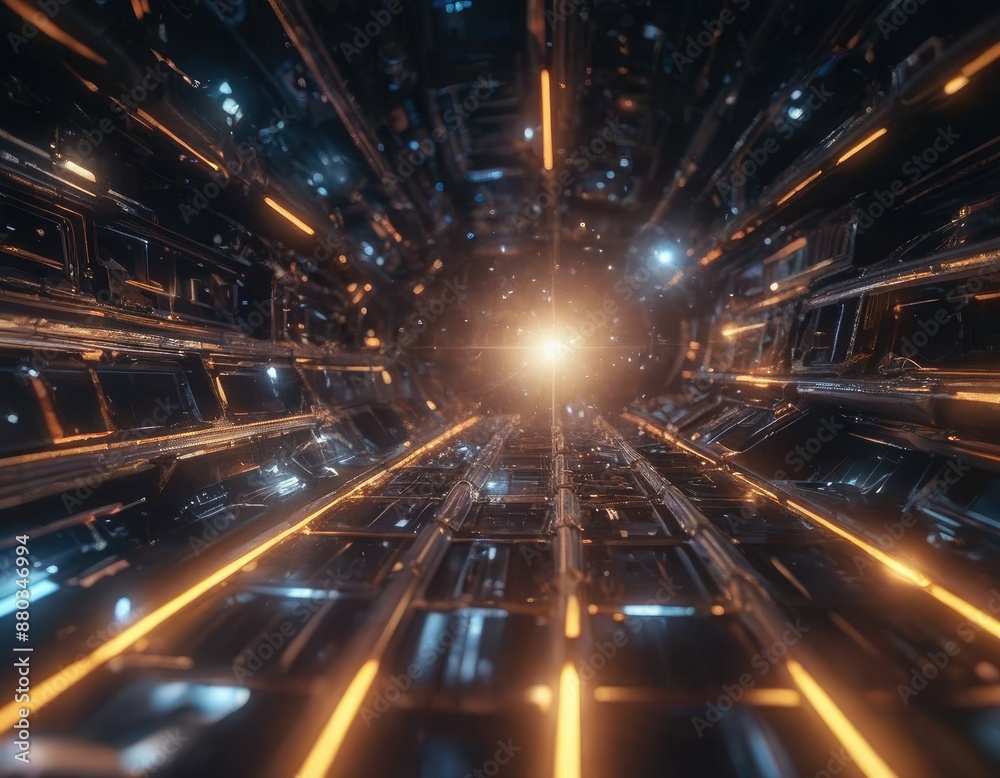 Fototapeta premium Futuristic Tunnel With Orange Lights And A Bright Light At The End. Generative AI