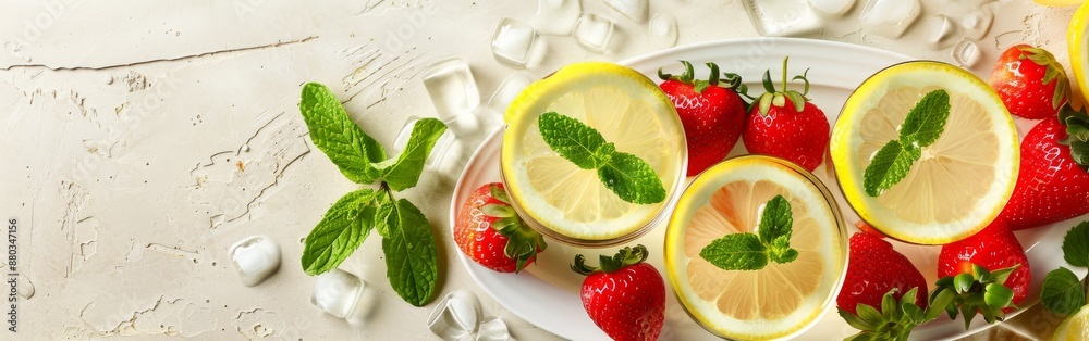 A white plate topped with freshly sliced lemons and strawberries, showcasing vibrant colors and textures A white plate topped with freshly sliced lemons and strawberries, showcasing vibrant colors and textures