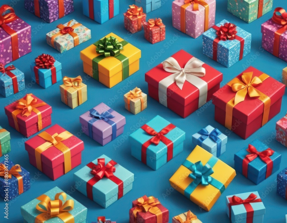 Colorful Wrapped Gift Boxes On Blue Background. Generative AI Colorful Wrapped Gift Boxes On Blue Background. Generative AI