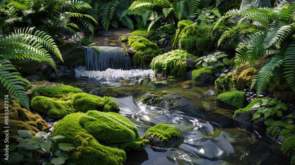 A tranquil garden scene featuring a flowing stream, surrounded by moss-covered rocks and lush ferns. A tranquil garden scene featuring a flowing stream, surrounded by moss-covered rocks and lush ferns.